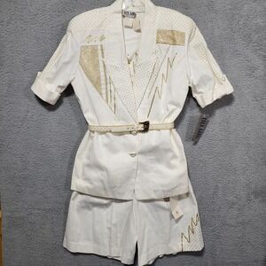 City‎ Girl Nancy Bolen Womens Short Set Blazer Shirt White Gold M 80's VTG NWT